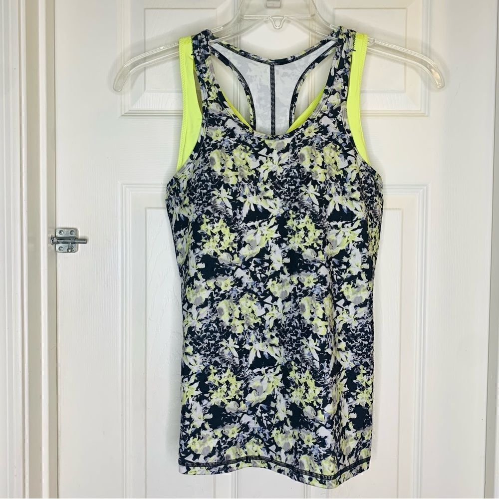 Lululemon Inspiration Tank Top Size 8 Crosscourt Petal Black Yellow Built In Bra